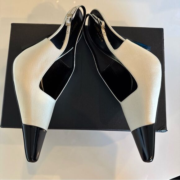 Saint Laurent YSL Ines Slingback Buckle Ivory & Black Leather Heels 40 EU 10 US - Picture 8 of 10